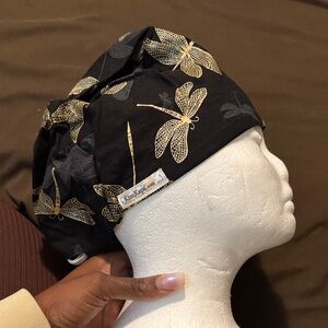 Black and Gold Dragonfly Print Scrub Cap